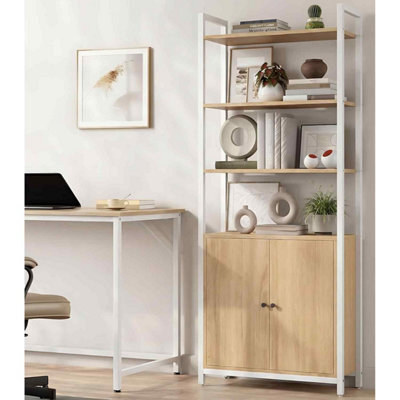 6-Tier Bookcase With Door, Adjustable Shelves And Metal Frame, Storage Cabinet, Golden Oak And Matte White - image 1