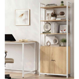 6-Tier Bookcase With Door, Adjustable Shelves And Metal Frame, Storage Cabinet, Golden Oak And Matte White - thumbnail 1