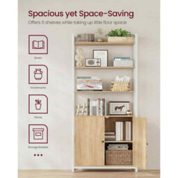 6-Tier Bookcase With Door, Adjustable Shelves And Metal Frame, Storage Cabinet, Golden Oak And Matte White - thumbnail 3