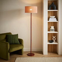 Valuelights Heather Dark Wood Floor Lamp With Orange Checkerboard Bamboo Shade