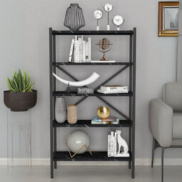 Urbn-Living Urbnliving 121Cm Height 5-Shelf Black Marble Wooden Bookcase With Metal Frame Home Décor Storage And Shelving Unit - thumbnail 2