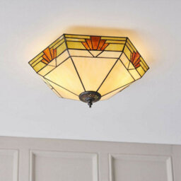 Tiffany Glass Semi Flush Ceiling Light Cream & Red Inverted Hex Shade I00058 - thumbnail 5