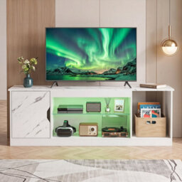White Modern Media Console Table With Adjustable Glass Shelf Cabinet & Compartment - thumbnail 3