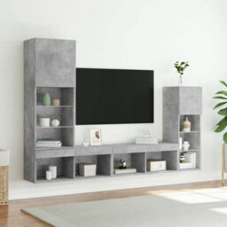 Berkfield 4 Piece Tv Wall Units With Led Concrete Grey Engineered Wood - thumbnail 4