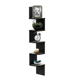 Walplus Furinno Rossi 5-Tier Wall Mount Floating Radial Corner Shelf, French Oak Grey/black - thumbnail 1
