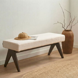 Wyld and Coco Boucle Bench In Off-White And Brown Upholstery With Rubberwood Legs - W118 X D46 X H48Cm - thumbnail 2