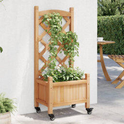 Berkfield Planter With Trellis And Wheels Brown Solid Wood Fir - thumbnail 1
