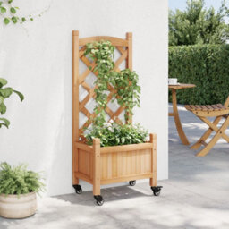 Berkfield Planter With Trellis And Wheels Brown Solid Wood Fir - thumbnail 3