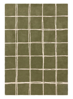 Olive Chequered Wool Modern Shaggy Handmade Rug For Living Room Bedroom & Dining Room-120Cm X 170Cm - image 1