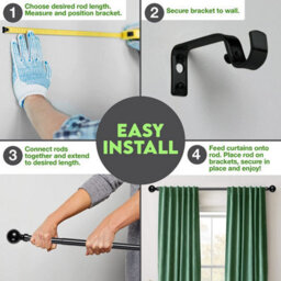 Ameha Curtain Metal Pole Extendable Curtain Rod,60mm Finials, Ring,brackets And Fitting Set (120-210Cm, 48''- 84'',matte Black) - thumbnail 4