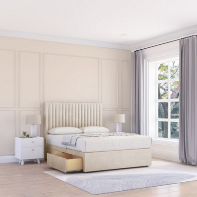 "Sloomy 4Ft6 Manhattan Divan Bed Base Cream Plush ,2 Drawers & 26"" Struts Headboard - Double" - image 1
