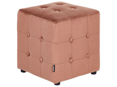 Wyld And Coco Peach Pink Velvet Footstool Cube Pouffe - Button-Tufted Compact Multiuse Ottoman 36 X 36 X 39 Cm - image 1