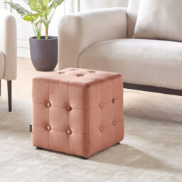 Wyld And Coco Peach Pink Velvet Footstool Cube Pouffe - Button-Tufted Compact Multiuse Ottoman 36 X 36 X 39 Cm - thumbnail 2