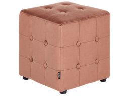 Wyld And Coco Peach Pink Velvet Footstool Cube Pouffe - Button-Tufted Compact Multiuse Ottoman 36 X 36 X 39 Cm - thumbnail 1