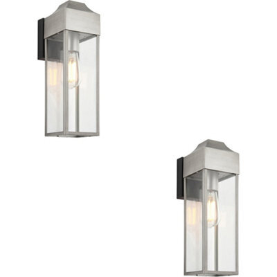 Loops 2 Pack Ip44 Outdoor Wall Light - Aged Pewter Rectangle Clear Glass Lantern - Garage Porch Lamp - image 1