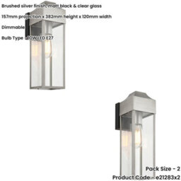 Loops 2 Pack Ip44 Outdoor Wall Light - Aged Pewter Rectangle Clear Glass Lantern - Garage Porch Lamp - thumbnail 2