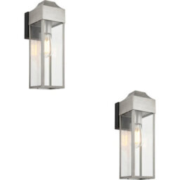 Loops 2 Pack Ip44 Outdoor Wall Light - Aged Pewter Rectangle Clear Glass Lantern - Garage Porch Lamp
