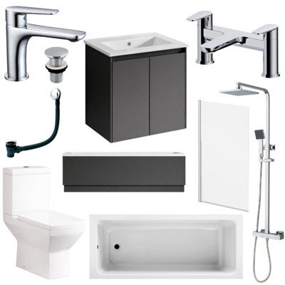 Plum&clay Complete Bathroom Suite Chrome Taps 600mm Grey Wall Hung Vanity Unit Bath Shower Screen Toilet Waste - image 1