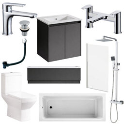 Plum&clay Complete Bathroom Suite Chrome Taps 600mm Grey Wall Hung Vanity Unit Bath Shower Screen Toilet Waste