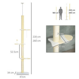 Pawhut 220-260Cm Kitten Tower, Multi-Layer Floor To Ceiling Cat Tree, Yellow - thumbnail 3