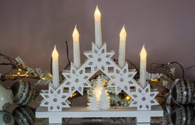 White Wooden Snowflake 6 Led Candle Bridge Arch Tower Battery Operated Festive Window Xmas Decoration - image 1