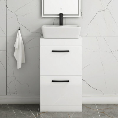 Royal Bathrooms 500mm Floor Standing Vanity Unit 2 Drawer Gloss White & Countertop Basin - Cube With Matt Black Handle - image 1