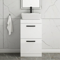 Royal Bathrooms 500mm Floor Standing Vanity Unit 2 Drawer Gloss White & Countertop Basin - Cube With Matt Black Handle - thumbnail 1