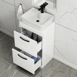Royal Bathrooms 500mm Floor Standing Vanity Unit 2 Drawer Gloss White & Countertop Basin - Cube With Matt Black Handle - thumbnail 3