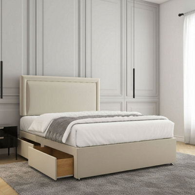 REGIONAL FURNISHINGS Divan Bed Set Cream Plush Velvet Upholstered 24Inch Headboard & 2Drawers Sameside & Mattress In 3Ft 4Ft 4Ft6 5Ft 6Ft Sizes - image 1