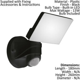 2 Pack Ip44 Rated Outdoor Wall Light With Pir Sensor - Modern Black Plastic 13W Led Lamp - thumbnail 2