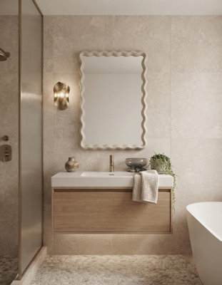 Biznest The Rectangular Wavy Shape Fawn Beige Wall Mounted Mirror Plastic Frame Home Furniture Decor Both Ways Hanging 43X33X2.2Cm - image 1