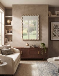Biznest The Rectangular Wavy Shape Fawn Beige Wall Mounted Mirror Plastic Frame Home Furniture Decor Both Ways Hanging 43X33X2.2Cm - thumbnail 2
