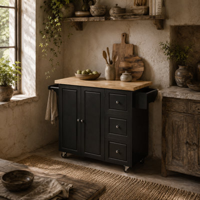 Wyld Haus Rolelo Wooden Black Rolling Kitchen Island With Drop-Leaf, Drawers, Towel And Spice Racks - image 1