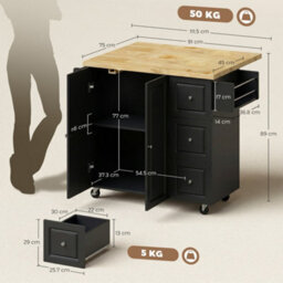 Wyld Haus Rolelo Wooden Black Rolling Kitchen Island With Drop-Leaf, Drawers, Towel And Spice Racks - thumbnail 4