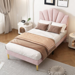 Matteo Uk Single 3Ft Pink Velvet Bed Frame With Shell Headboard & Golden Legs (90X190Cm) - thumbnail 5