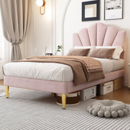 Matteo Uk Single 3Ft Pink Velvet Bed Frame With Shell Headboard & Golden Legs (90X190Cm) - thumbnail 4