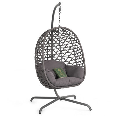 Avestar Rattan Hanging Egg Swing Chair With Soft Cushions, Garden Swing Basket Chair With Stand For Outdoor Indoor, Dark Grey - image 1