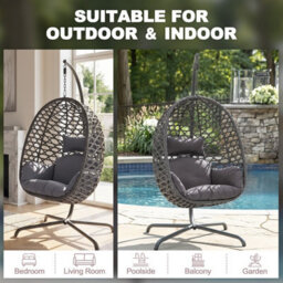 Avestar Rattan Hanging Egg Swing Chair With Soft Cushions, Garden Swing Basket Chair With Stand For Outdoor Indoor, Dark Grey - thumbnail 7