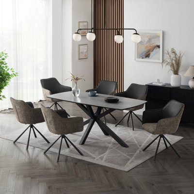 Home Detail Verona Grey Ceramic Dining Table & Grey/beige Fabric Porto Swivel Chairs, 6 Seater - image 1