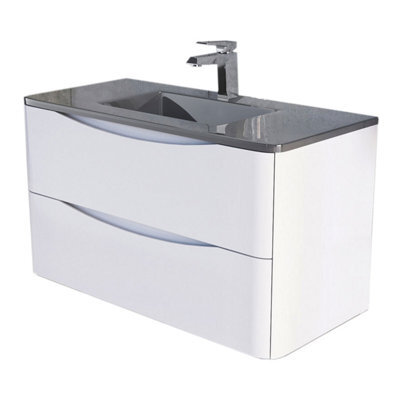 Plum&clay Eden Gloss White Wall Hung Vanity Unit With Grey Glass Basin (W)900mm - image 1