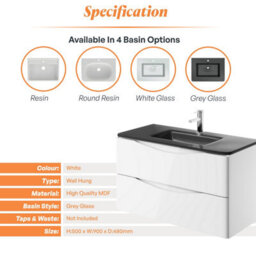 Plum&clay Eden Gloss White Wall Hung Vanity Unit With Grey Glass Basin (W)900mm - thumbnail 7