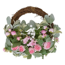 Living And Home Pink Peony Artificial Flower Wreath Green Leaves Rattan Base Front Door Farmhouse Wall Hanging Decor - thumbnail 4