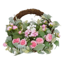 Living And Home Pink Peony Artificial Flower Wreath Green Leaves Rattan Base Front Door Farmhouse Wall Hanging Decor - thumbnail 3
