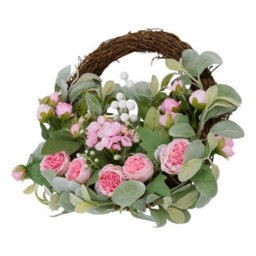 Living And Home Pink Peony Artificial Flower Wreath Green Leaves Rattan Base Front Door Farmhouse Wall Hanging Decor - thumbnail 5