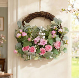 Living And Home Pink Peony Artificial Flower Wreath Green Leaves Rattan Base Front Door Farmhouse Wall Hanging Decor - thumbnail 2
