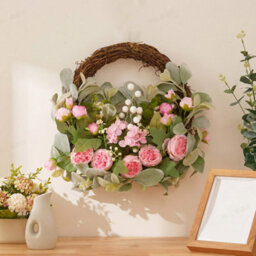 Living And Home Pink Peony Artificial Flower Wreath Green Leaves Rattan Base Front Door Farmhouse Wall Hanging Decor - thumbnail 1