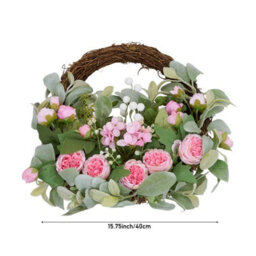 Living And Home Pink Peony Artificial Flower Wreath Green Leaves Rattan Base Front Door Farmhouse Wall Hanging Decor - thumbnail 8