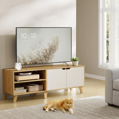 Songmics Vasagle Tv Stand With Doors, Entertainment Cabinet With Adjustable Shelves, Media Console Table, Straw Yellow And Cream White - image 1