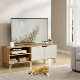 Songmics Vasagle Tv Stand With Doors, Entertainment Cabinet With Adjustable Shelves, Media Console Table, Straw Yellow And Cream White