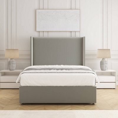 Bsspoke Austin Divan Bed Set Silver Plush Velvet 54Inch Wingedback Headboard & Mattress & No Drawers In 3Ft 4Ft 4Ft6 5Ft 6Ft - image 1
